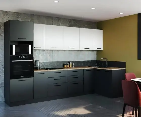 Bergi Fehér - Antracit szürke sarok konyhabútor 320 cm x 140 cm