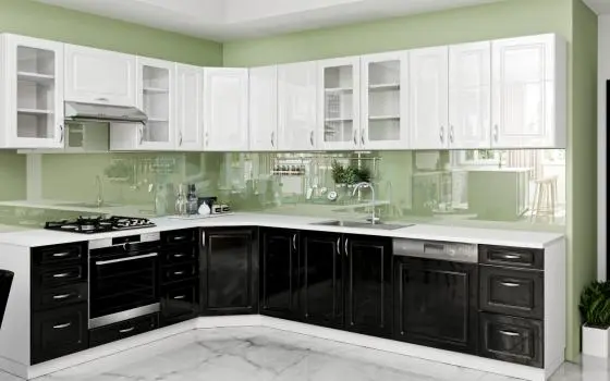 Otthon Elite Magasfényű Fehér-Fekete MDF Sarok Konyhabútor 230 x 310 cm